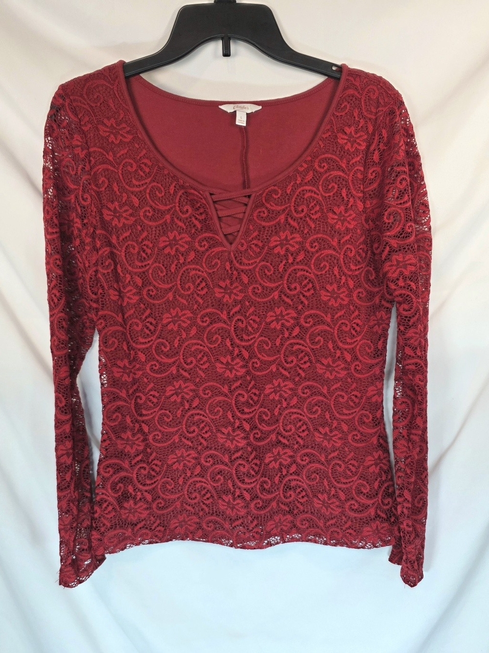 Candies Womens Red Lace Top Sz L Long Sleeve Lattice Neck Romantic Whimsigoth
